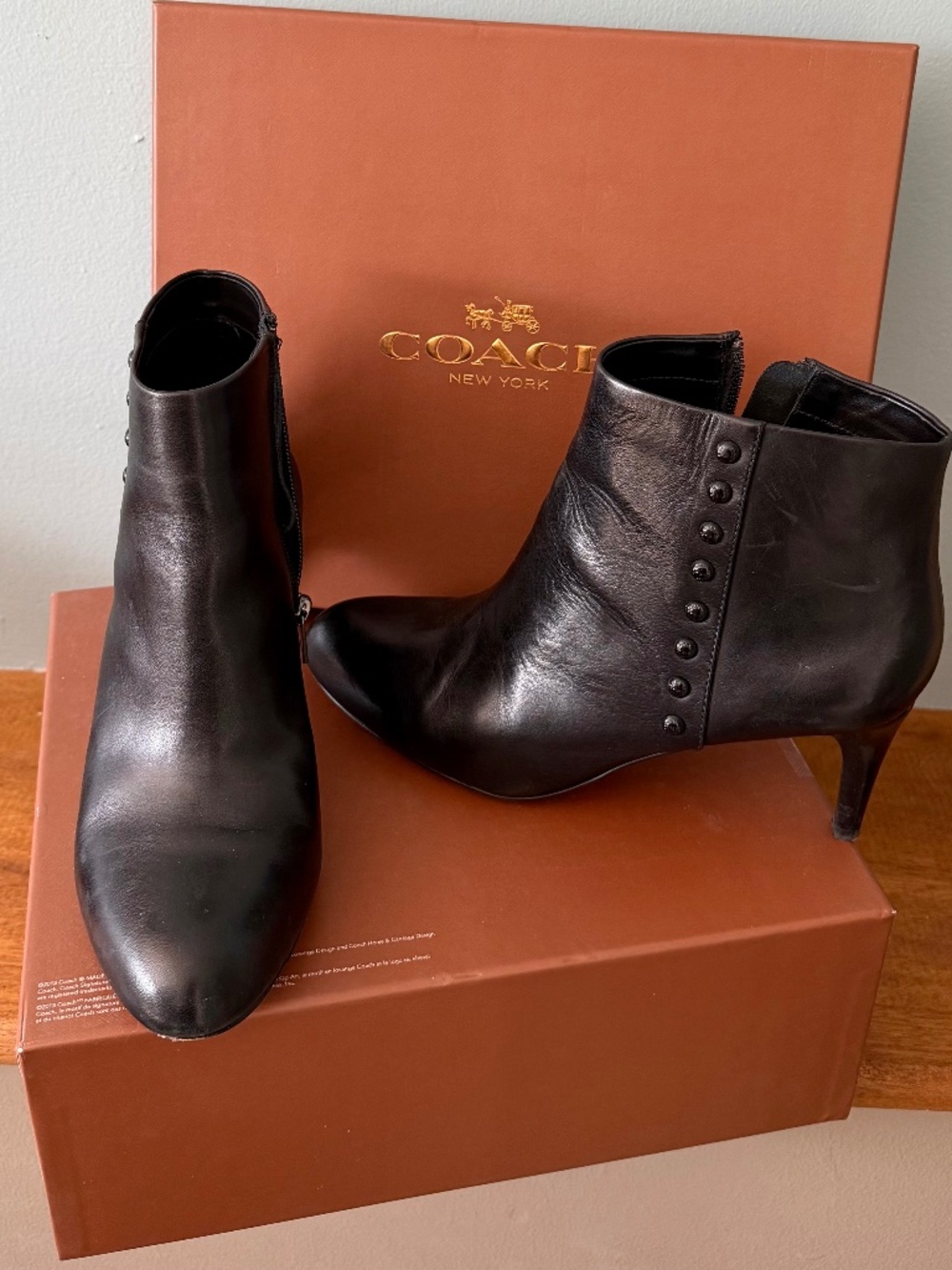 COACH Hickory Black Soft Shine Leather Studded Booties - Like New Size 8 M